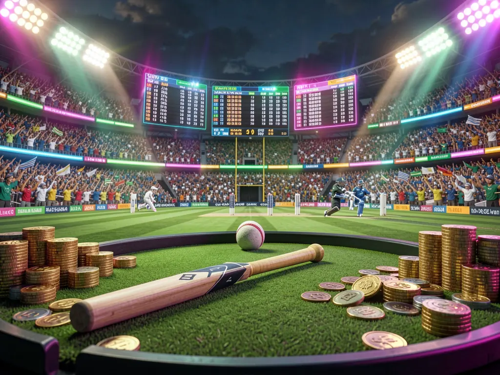 A vibrant cricket sportsbook scene at a packed stadium with a green field, bat and ball, digital live odds panels, glowing coins, and neon lighting, showcasing 520BD BAT branding in a cinematic 3D render