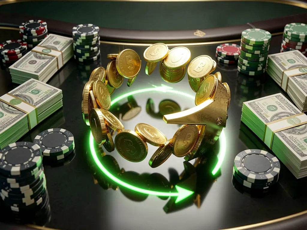 520BD BAT casino cashback bonus visual showing golden coins returning in a circular arrow motion with poker chips and cash bundles on a glossy dark table with glowing green and gold accents in a premium online casino style