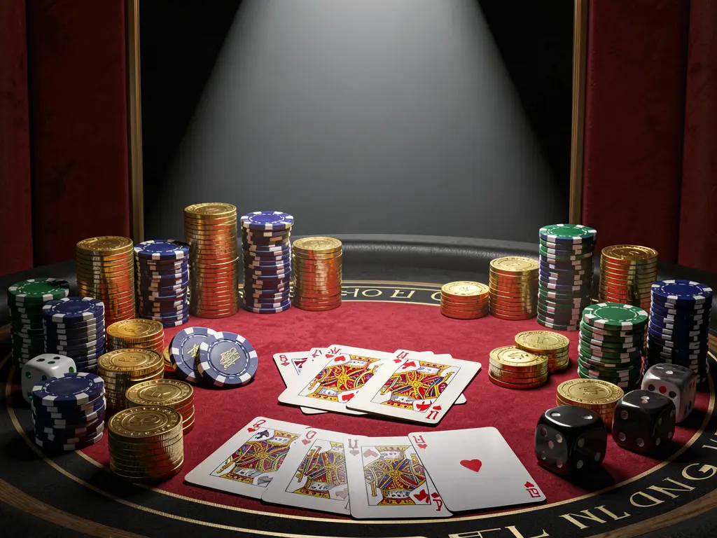 520BD BAT casino table featuring a royal flush of cards, poker chips, golden coins, and dice on a luxury black and red background with dramatic spotlight in a realistic 3D render
