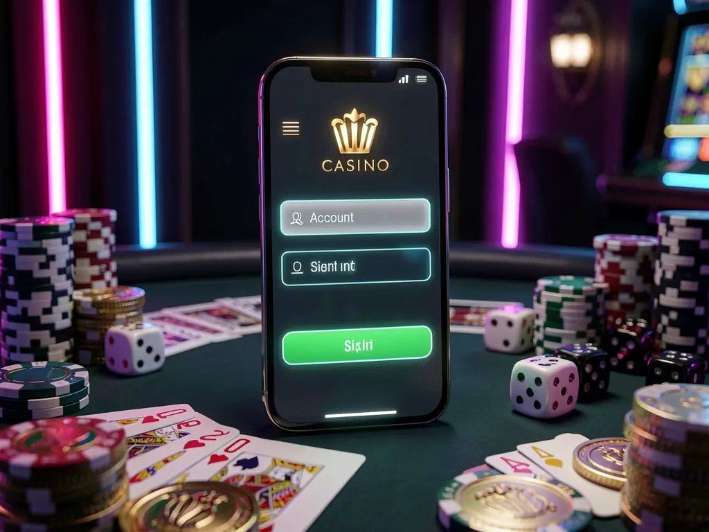 Glowing smartphone on a casino table surrounded by cards, chips, dice, and gold coins with elegant dark background and neon highlights, showcasing 520BD BAT casino account sign in scene